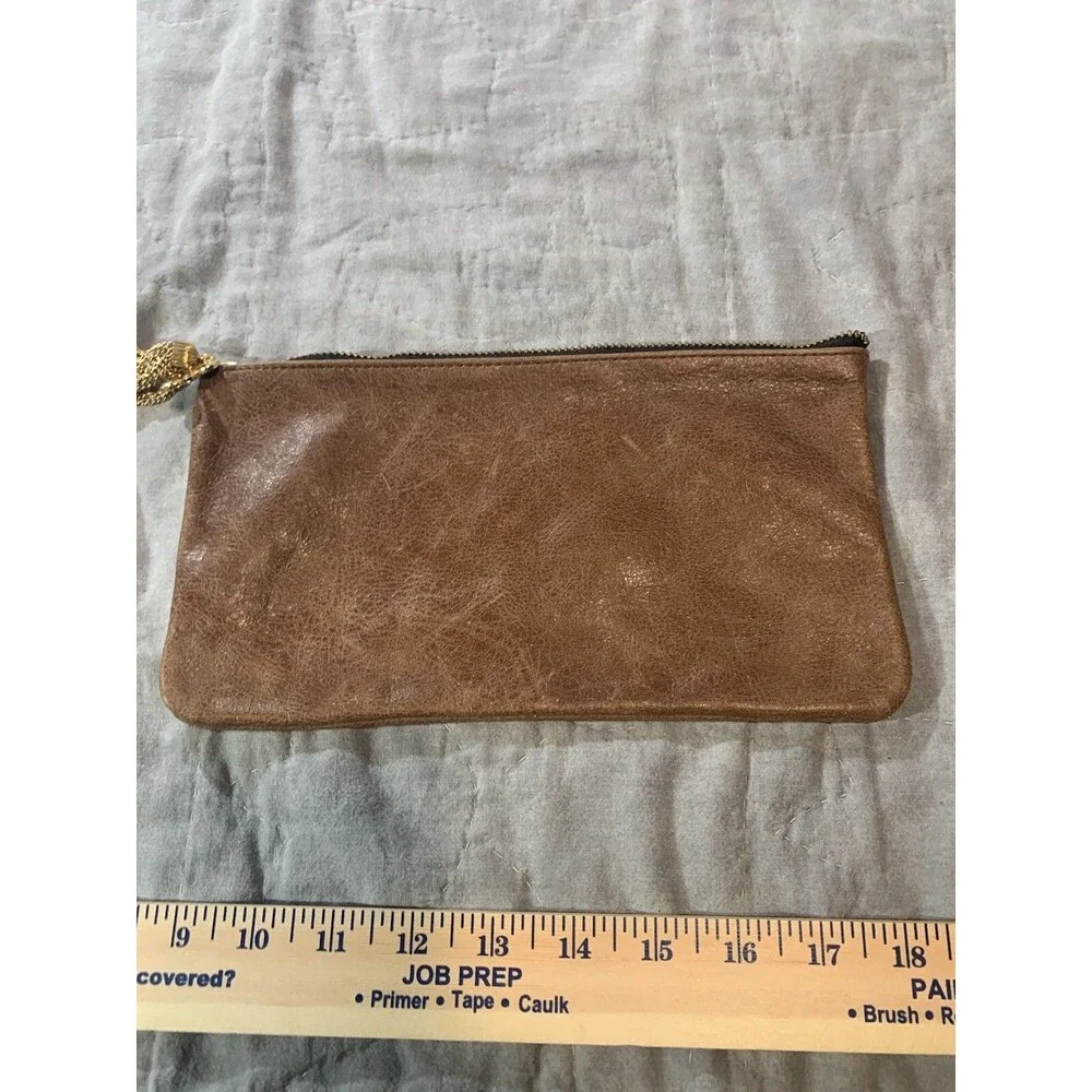 Moss Mills Anthro Brown Leather Clutch Wristlet Four Leaf Clover Charm Small
